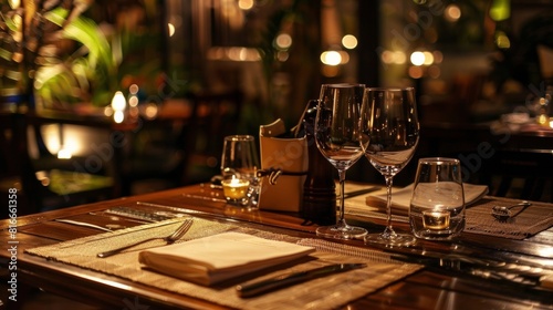 Assorted gourmet dishes including ribs, fries, and salads on a wooden table.
An elegant restaurant table setting with wine glasses, candles, and utensils.