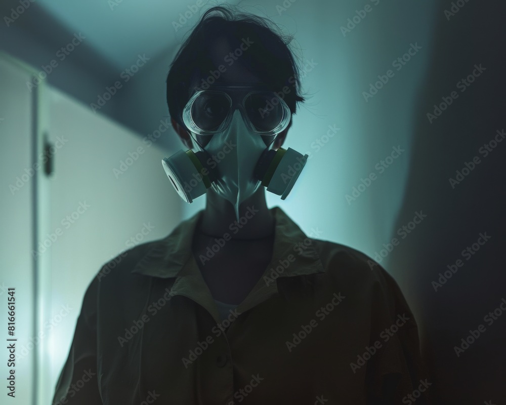 A person wearing a chemical mask in a room with minimal lighting A person wearing a chemical mask in a room with minimal lighting