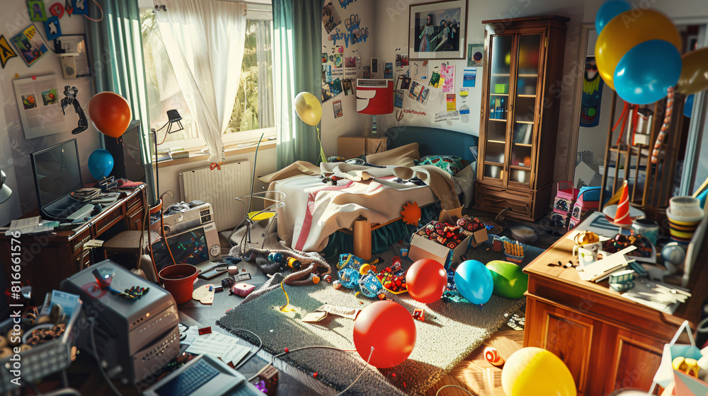 Interior of messy room after Birthday party