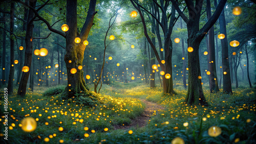 Mesmerizing scene of fireflies dancing in a dark forest clearing, creating a fairy-tale atmosphere.