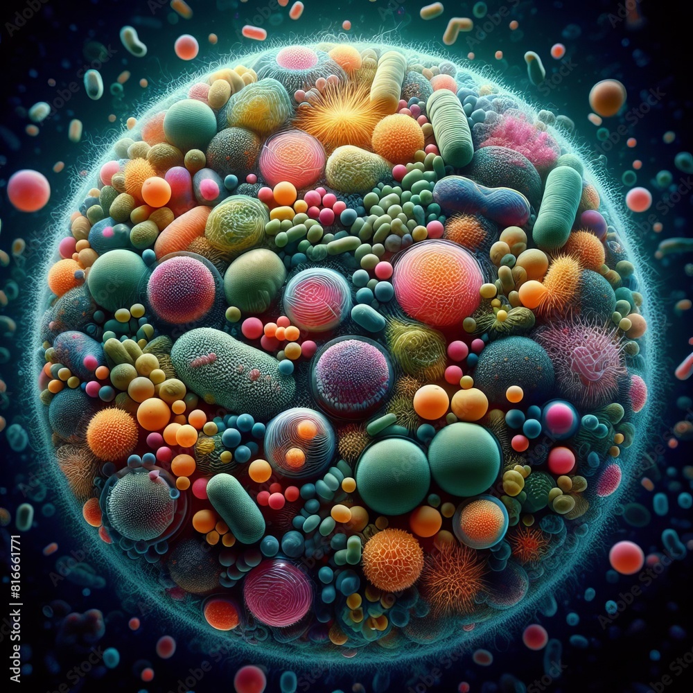 An artistic depiction of vibrant, spherical shapes representing microorganisms or cells in a dynamic arrangement.. AI Generation