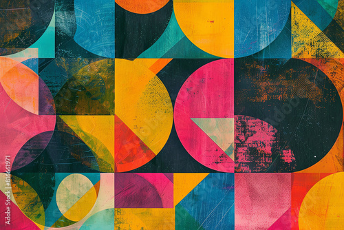 Create a geometric abstract painting using bright colors. The painting should have a retro and Memphis design style.