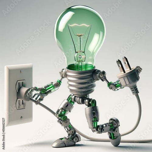 This conceptual image features a robot with a light bulb head, humorously plugging itself into an electric socket.. AI Generation