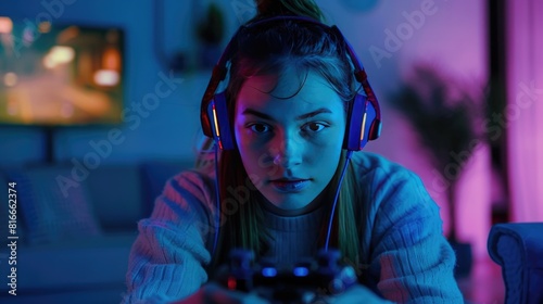 Immersive Experience Female Gamer in Bright Headphones Engages in Video Game 