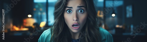 A young woman looking at her computer screen in shock, with her mouth open and her eyes wide. photo