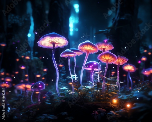 Glowing mushrooms in the dark forest.