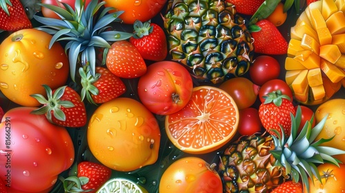 Tropical fruits including pineapples, papayas, and grapefruits against a pink background.