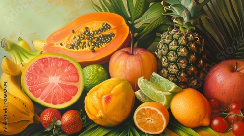 Tropical fruits including pineapples, papayas, and grapefruits against a pink background.