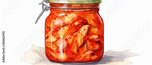 A jar of kimchi, a traditional Korean side dish made from fermented vegetables. Kimchi is a spicy, sour, and savory dish that is often served with rice or other Korean dishes. photo