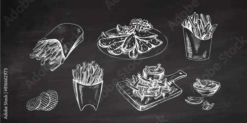 Hand-drawn sketch of potato french fries, chips and potato slices set. Vintage illustration on chalkboard background. Element for the design of labels, packaging and postcards.