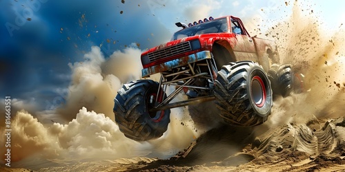 Thrilling photo of monster truck soaring over a massive dirt mound. Concept Monster Truck Stunts, Extreme Off-Road Action, Adrenaline-Fueled Excitement, Daredevil Driving