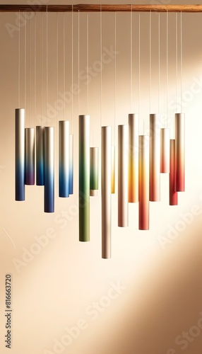  Rainbow-colored minimalist wind chimes against soft background 