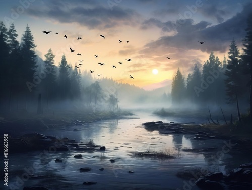 The river flows through the misty forest at dawn.