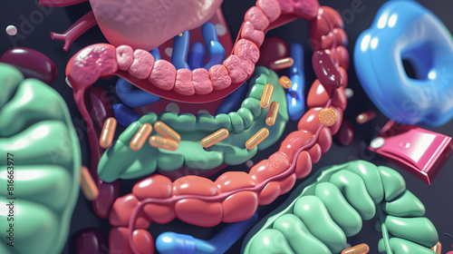 Depict the journey of probiotics through the digestive system in a creative and imaginative way, super realistic photo