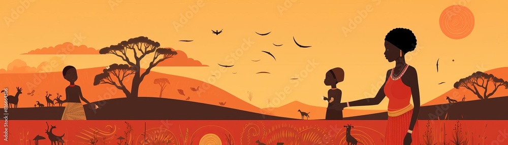 The savanna is a vast and beautiful landscape, home to a wide variety of animals and plants. The orange sky and the silhouettes of the trees and animals create a stunning scene.