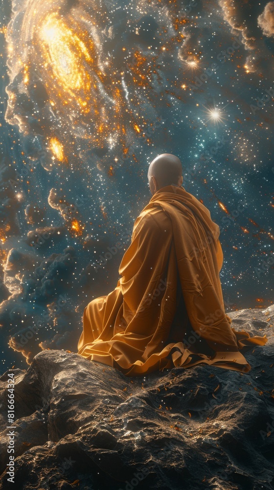 A man in a yellow robe is sitting on a rock in front of a starry sky