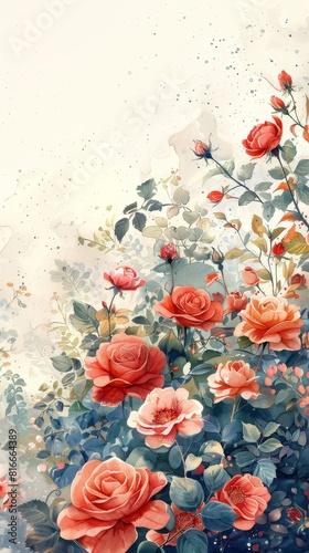 A painting of a field of red roses with a blue sky in the background