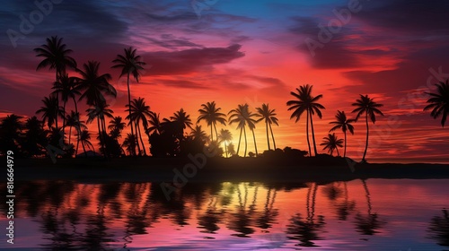 The setting sun casts a golden glow on the palm trees and water.