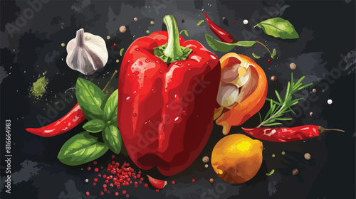 Red bell pepper herbs and spices on dark background Vector