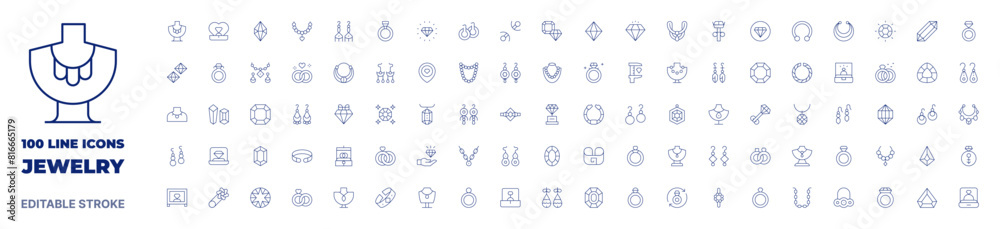 100 icons Jewelry collection. Thin line icon. Editable stroke. Jewelry icons for web and mobile app.