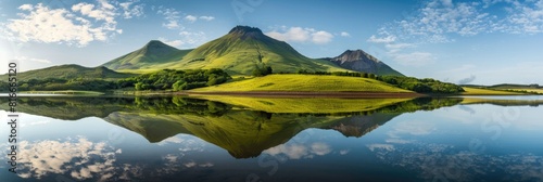 Hill Lake. Panoramic View of Volcanic Mountain Landscape Reflected in Calm Waters photo