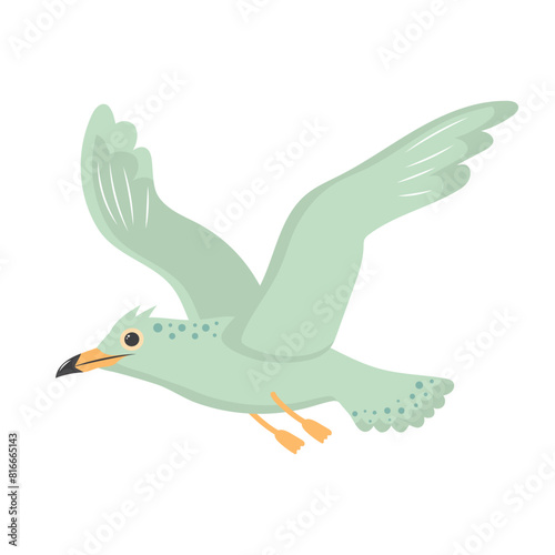 Cute seagull. Cartoon character. Marine life. Flying bird isolated on white background.