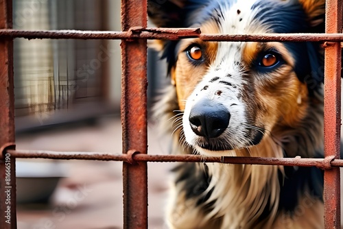 Stray homeless dog in animal shelter cage. Sad abandoned hungry dog behind old rusty grid of the cage in shelter for homeless animals. Dog adoption, rescue, help for ... See More
 photo