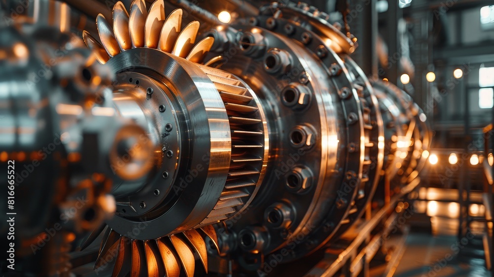 Macro view of the powerful steam turbine machinery, emphasizing its efficiency and advanced engineering in a power generation context
