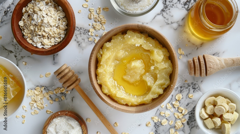 Luxurious top view of a DIY face mask preparation, featuring honey and oatmeal on a marble background, isolated for detailed advertising Luxurious top view of a DIY face mask preparation, featuring honey and oatmeal on a marble background, isolated for detailed advertising