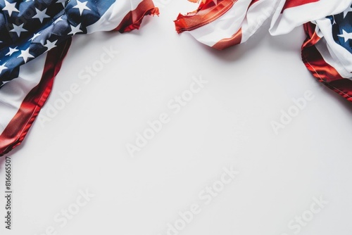 American White Background. Closeup of US Flag Border with Red and Blue on White Background