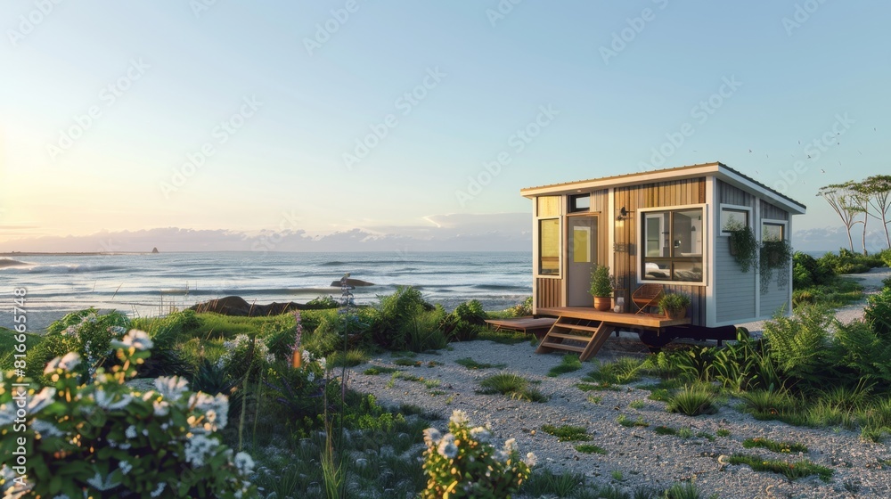 Tranquil tiny house blueprints set against stunning seaside panoramas, evoking the allure of coastal living in harmony with nature. Ideal for lifestyle publications. Tranquil tiny house blueprints set against stunning seaside panoramas, evoking the allure of coastal living in harmony with nature. Ideal for lifestyle publications.