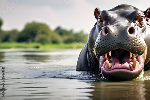 a large hippopotamus-in a river with water dripping from-mouth looking at camera with angry express © Hussain