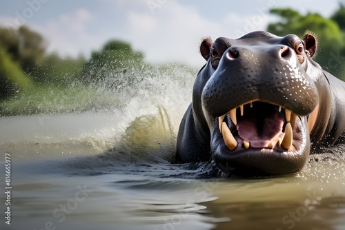 a large hippopotamus-in a river with water dripping from-mouth looking at camera with angry express © Hussain
