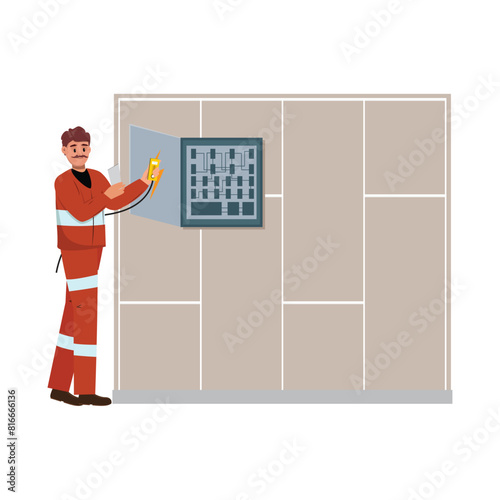 electricians at work, carefully installing wiring for electrical systems.Man holding a device and checking