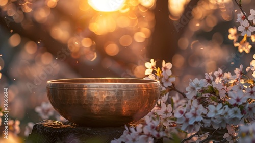 Intimate view of a singing bowl surrounded by cherry blossoms  illuminated by sunset  promoting a tranquil and serene meditation space
