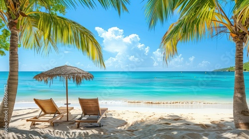Idyllic beach seating with sunshades on a tropical Caribbean white sandy beach facing pristine blue waters