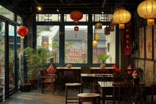 Cozy and warm traditional tea house in china with hanging lanterns and oriental decor
