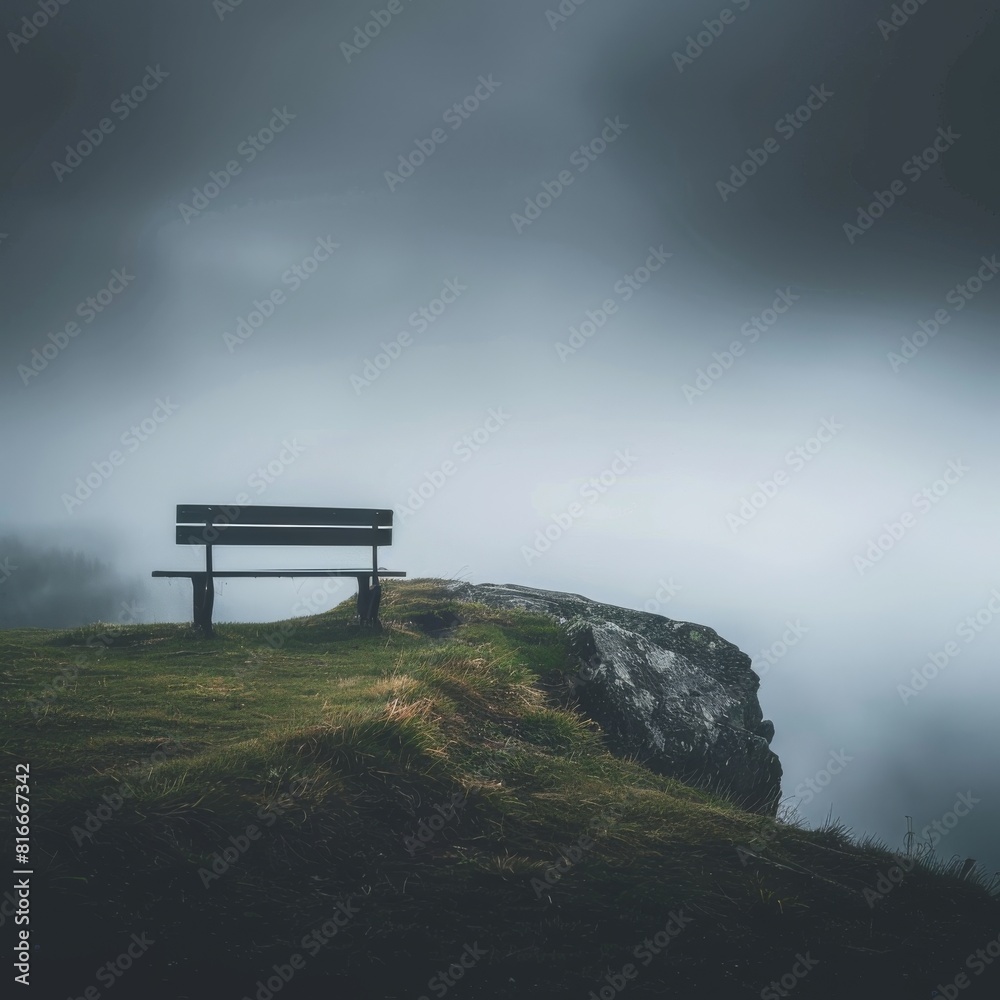 Mysterious fog rolls over a hilltop a solitary bench with a Bible inviting reflection at the worlds edge Mysterious fog rolls over a hilltop a solitary bench with a Bible inviting reflection at the worlds edge