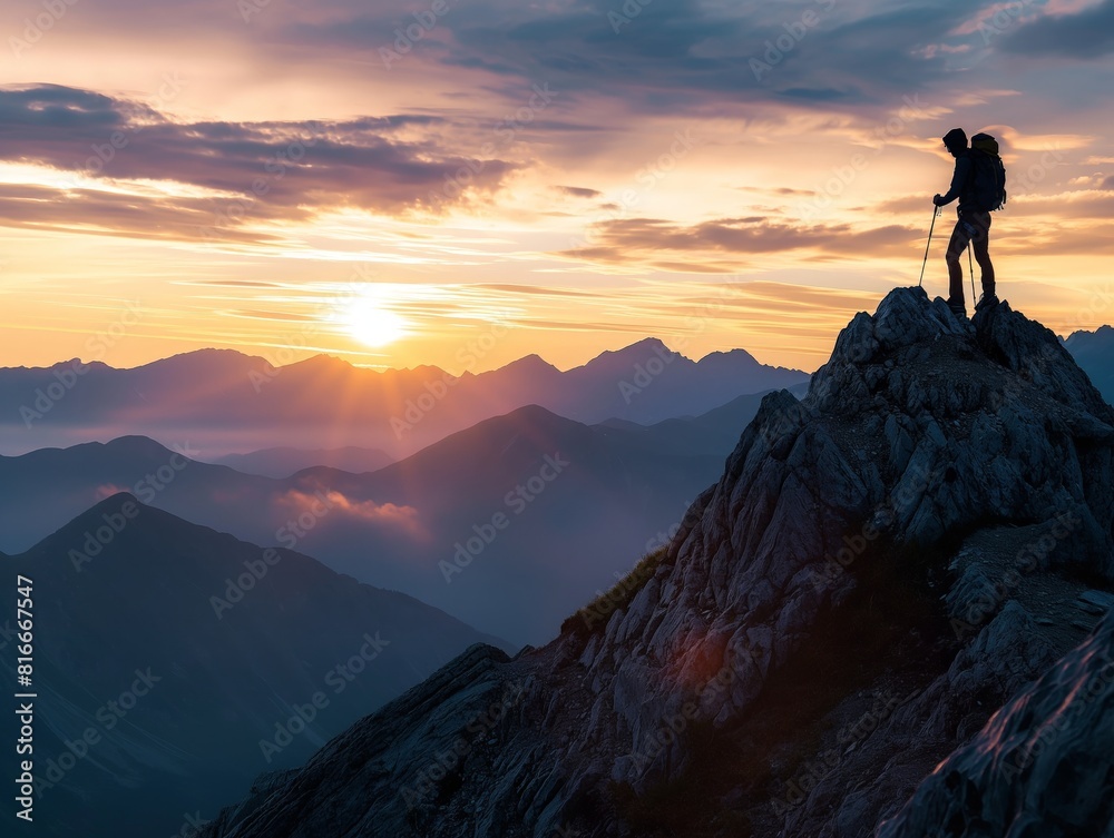 A lone hiker stands on a rocky mountain peak, silhouetted against a stunning sunrise. The scene captures the essence of adventure, exploration, and the beauty of nature.