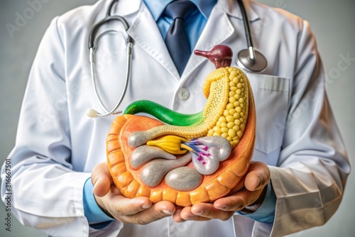 Doctor with human Pancreatitis anatomy model with Pancreas, Gallbladder, Bile Duct, Duodenum, Small intestine. Pancreatic cancer, Acute and Chronic