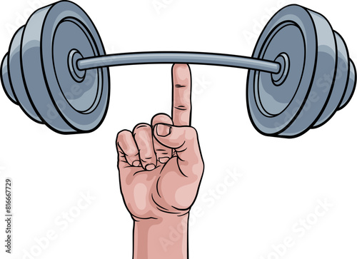 A super strong weight lifting or weightlifting hand holding a heavy barbell or dumbbell with one finger concept.