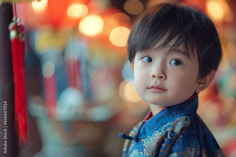 Cute little child dressed in a colorful traditional outfit with blurred lanterns in the background Cute little child dressed in a colorful traditional outfit with blurred lanterns in the background