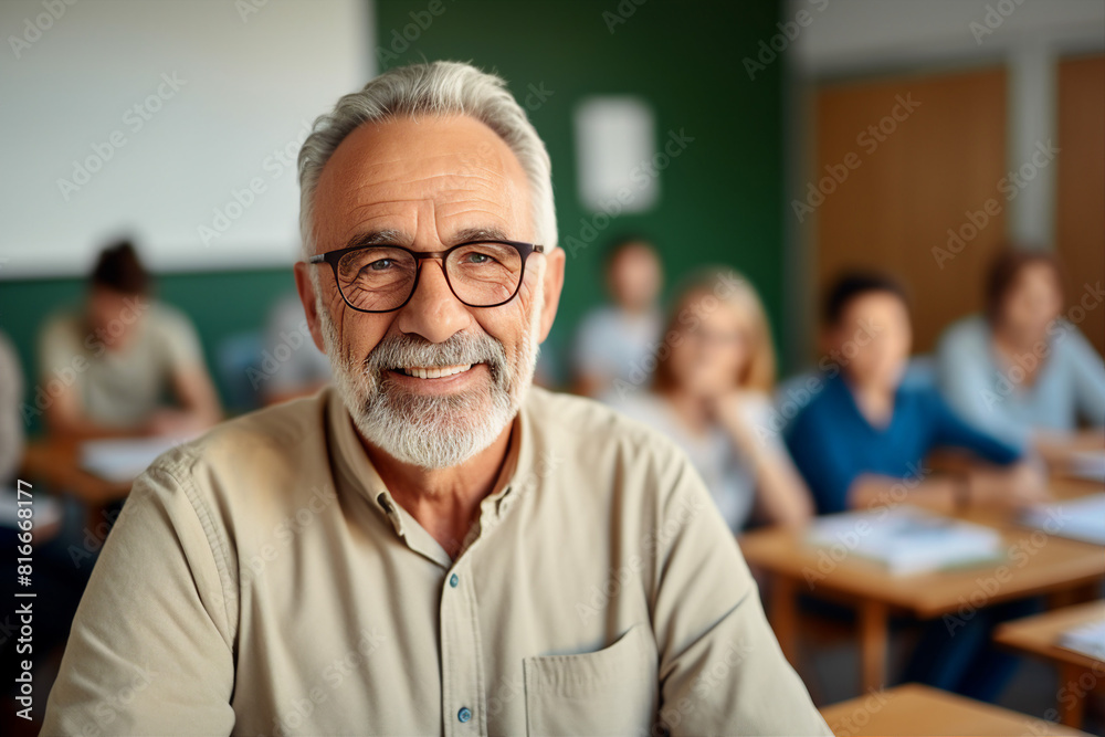 Portrait of happy middle aged male teacher smiling at the camera in classroom generative AI Portrait of happy middle aged male teacher smiling at the camera in classroom generative AI
