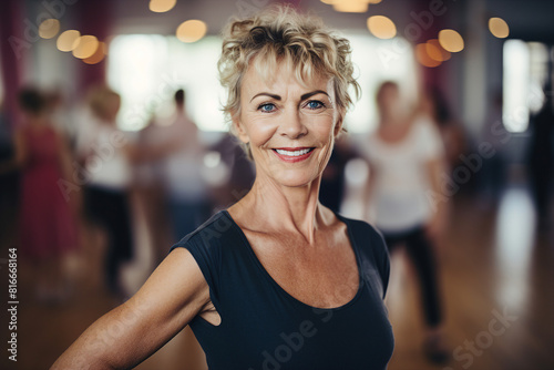 Portrait of happy middle aged female training in gym generative AI