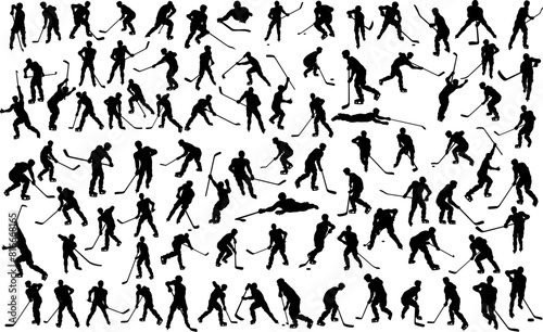 A huge set of detailed silhouette hockey players in lots of different poses