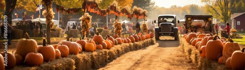 Tractor trailer full of pumpkins at a pumpkin farm photo