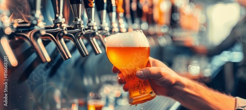 Precise close up view of bartender s hands pouring beer from tap in a detailed shot photo