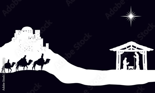 A Christmas nativity scene with baby Jesus in the manger, wise men and city of Bethlehem in the background