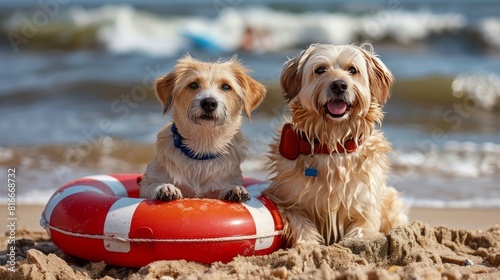 Two happy dogs on beach with life ring. Concept of water safety and fun in the sun. photo