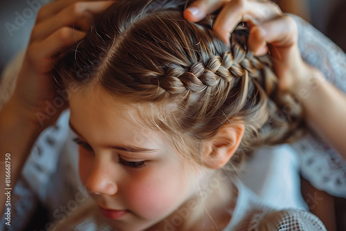 Mother does hair braid to her daughter, close up photo